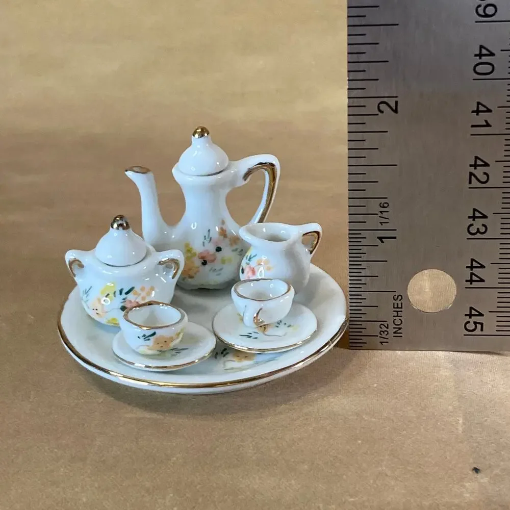 Vintage 90s Miniature Porcelain Tea Set w/Gilding and Floral Trim Doll Set EUC
